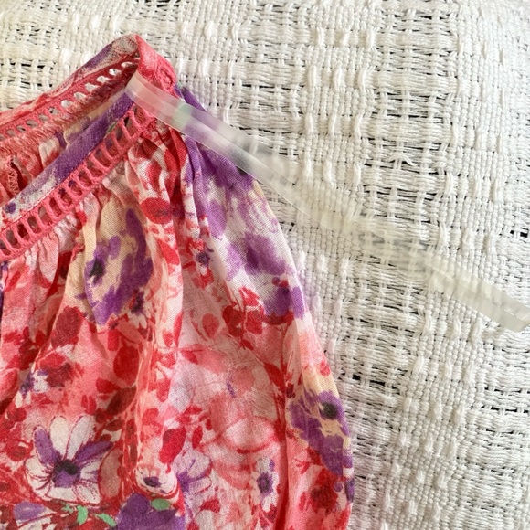 pink purple floral print cap short sleeve blouse with tassels - Picture 16 of 16